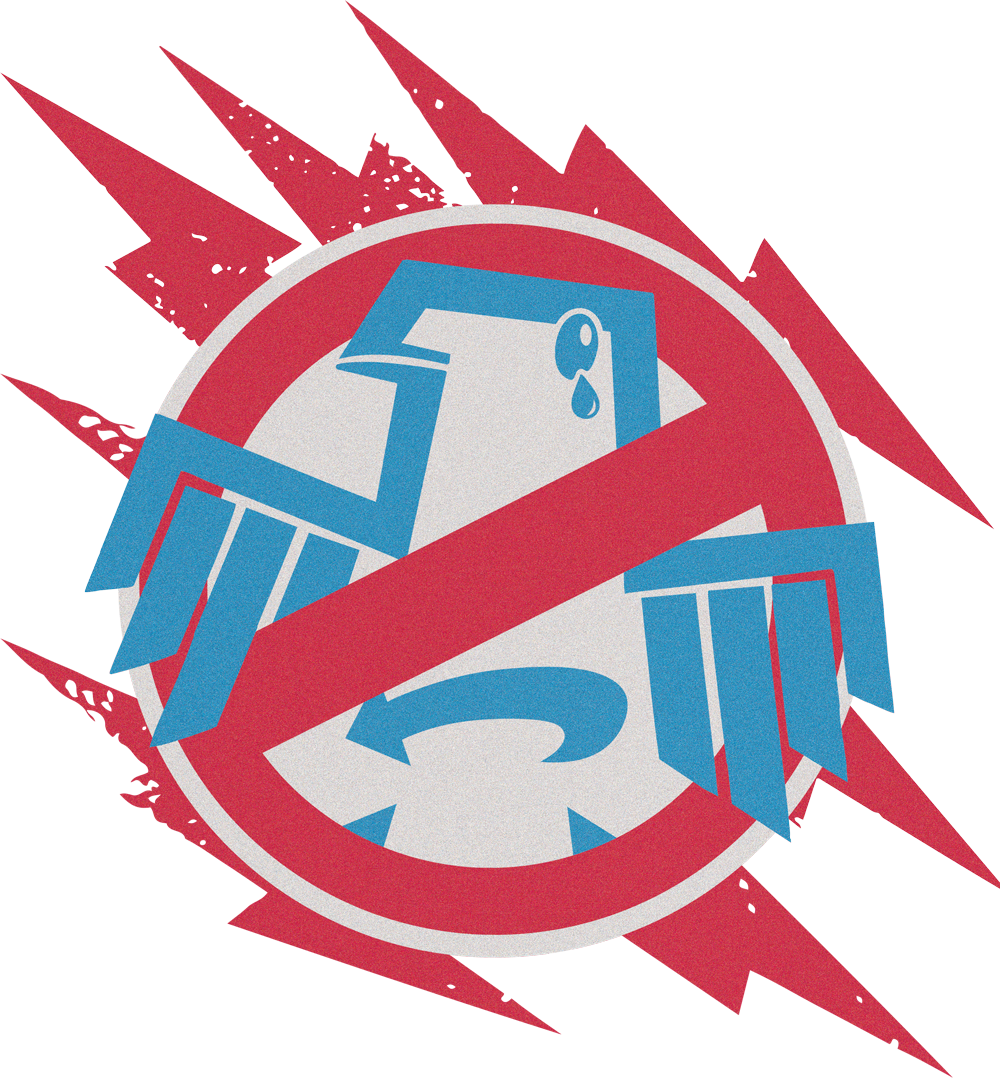 Ein rotes „Nein“-Symbol über einem blauen Vogel mit einer Träne, umgeben von roten Blitzen.