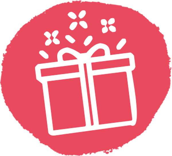 Weiße Umrisse einer Geschenkbox mit Schleife, darüber Glitzer, auf einem roten Kreis.