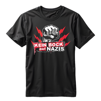 Schwarzes T-Shirt mit einer Grafik einer geballten Faust und dem Text „Kein Bock auf Nazis“.