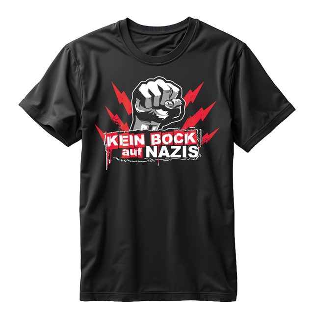 Schwarzes T-Shirt mit einer Grafik einer geballten Faust und dem Text „Kein Bock auf Nazis“.