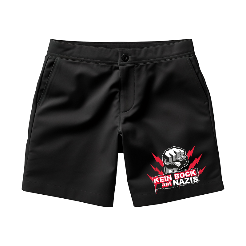 Schwarze shorts mit einem "KEIN BOCK AUF NAZIS" logo.