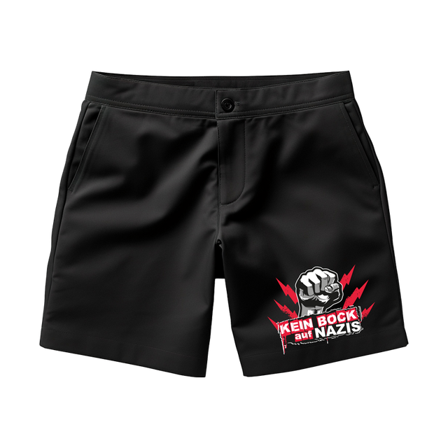 Schwarze shorts mit einem "KEIN BOCK AUF NAZIS" logo.