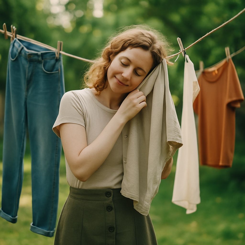 Mulher pendurando roupas no varal de forma afetuosa