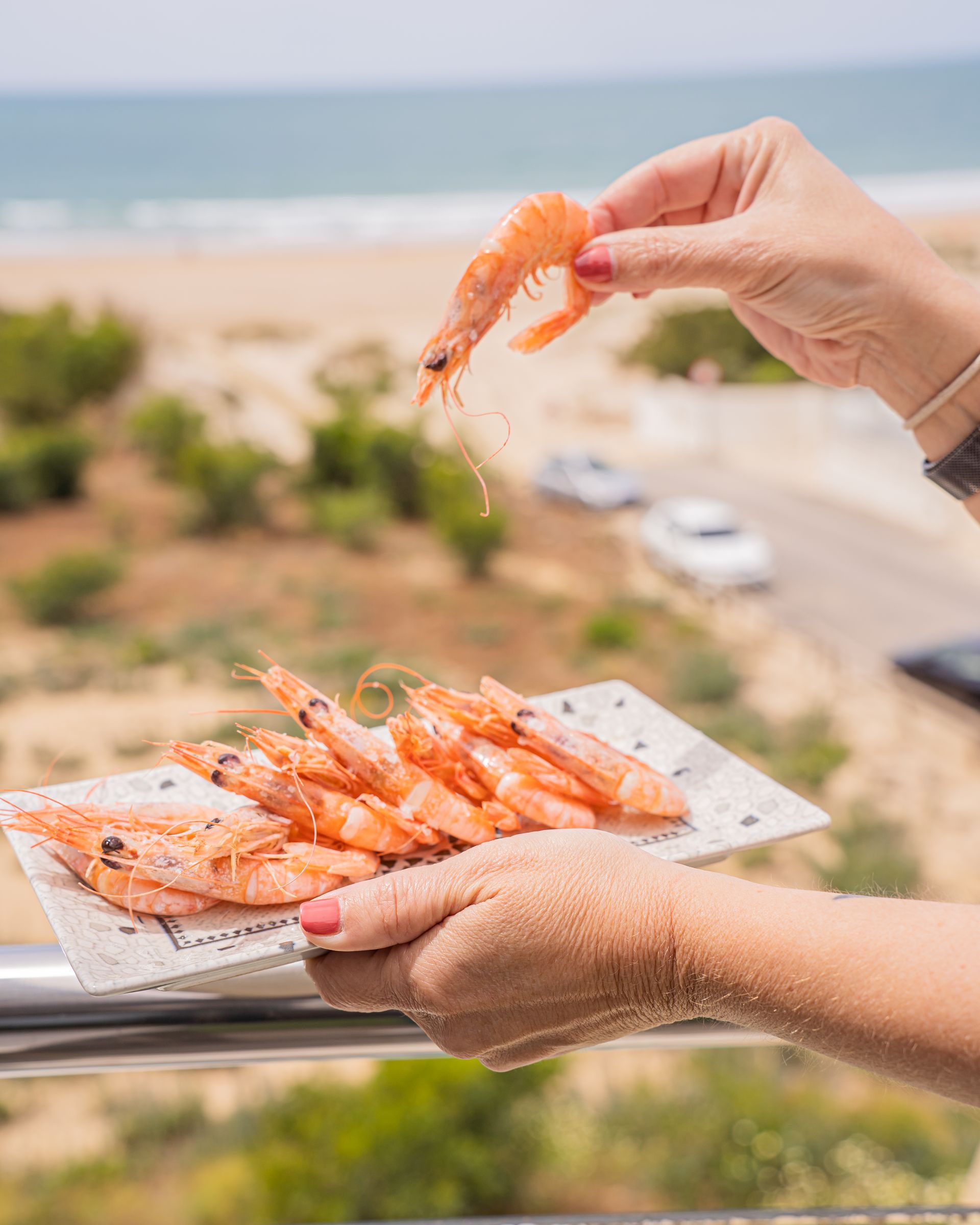 Persona sosteniendo un plato de camarones cocidos en un balcón con vista a una playa.