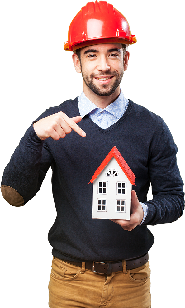 Man in hard hat points at a model house he holds.