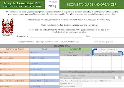 Tax organizer form from Gray & Associates, includes personal data and dependent information.