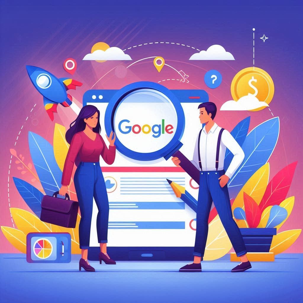 A man and a woman are looking through a magnifying glass at a google page.