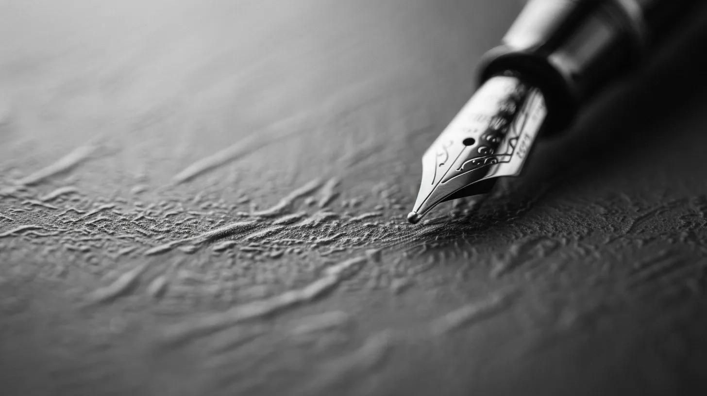 Close-up of a fountain pen nib resting on textured paper in black and white