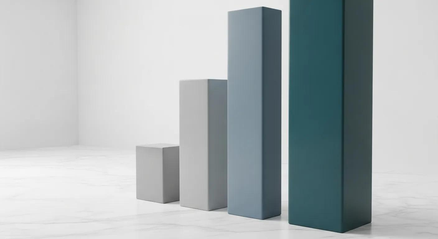 A bar chart with four vertical columns in increasing height and shifting colors from light grey to dark teal.