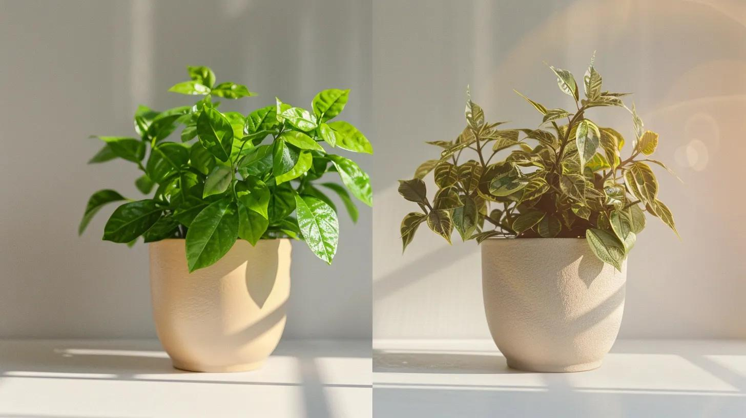 Two potted green plants sit side by side against a neutral wall with soft, natural sunlight and shadows.