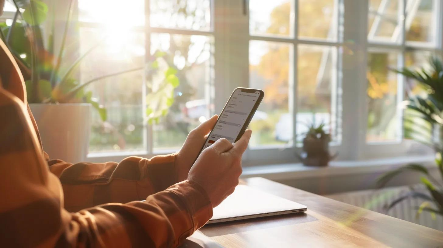 A person in a rust-colored shirt uses a smartphone while sitting at a table in a bright, sunlit room with plants.