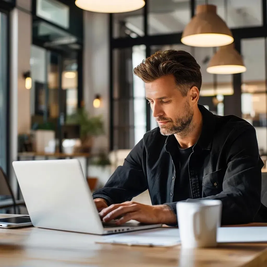 Man in a black shirt working on a laptop at a wooden table indoors.