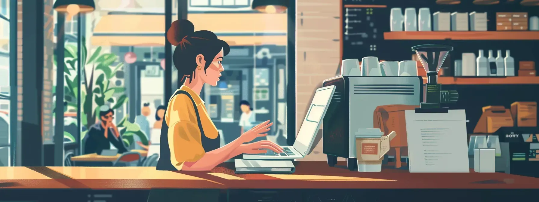 A woman is sitting at a counter in a cafe using a laptop computer.