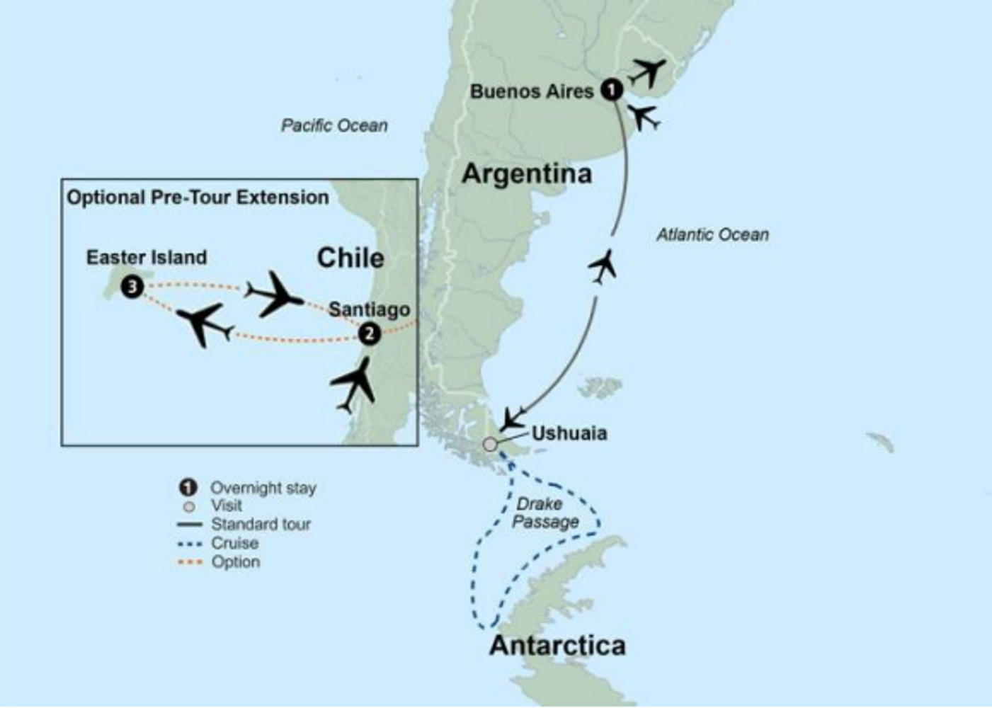 Map showing a tour route through Argentina and optional extension to Chile's Easter Island, with cruise to Antarctica.