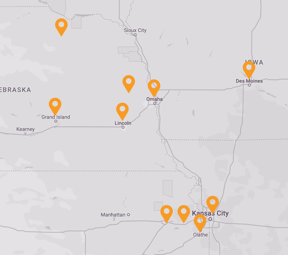 A map of the united states with orange markers on it for the departure locations.