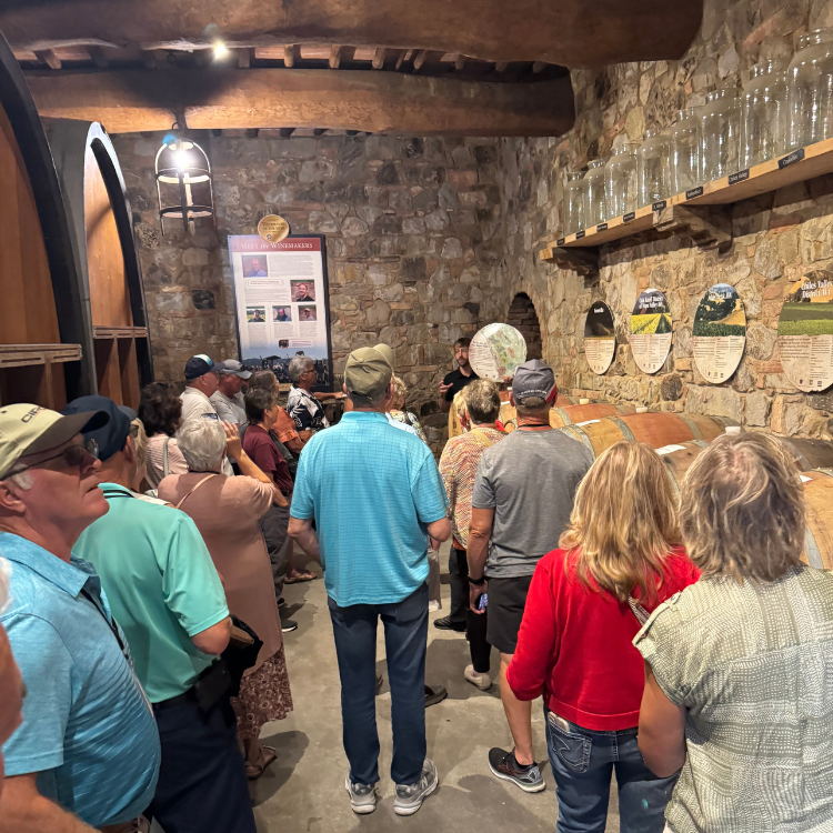Tour group inside a stone-walled wine cellar, listening to a guide.