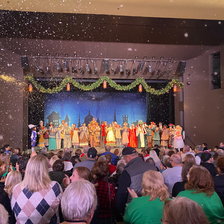 Stage production with costumed performers and audience applauding. Snowflakes fall.