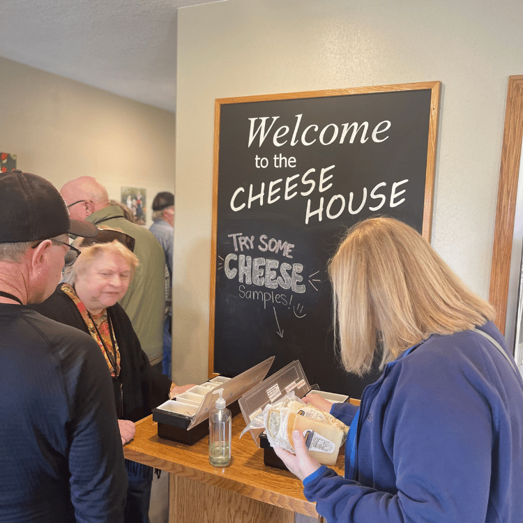 People at a cheese shop, looking at samples. A woman in blue offers cheese. Chalkboard sign says "Welcome to the Cheese House."