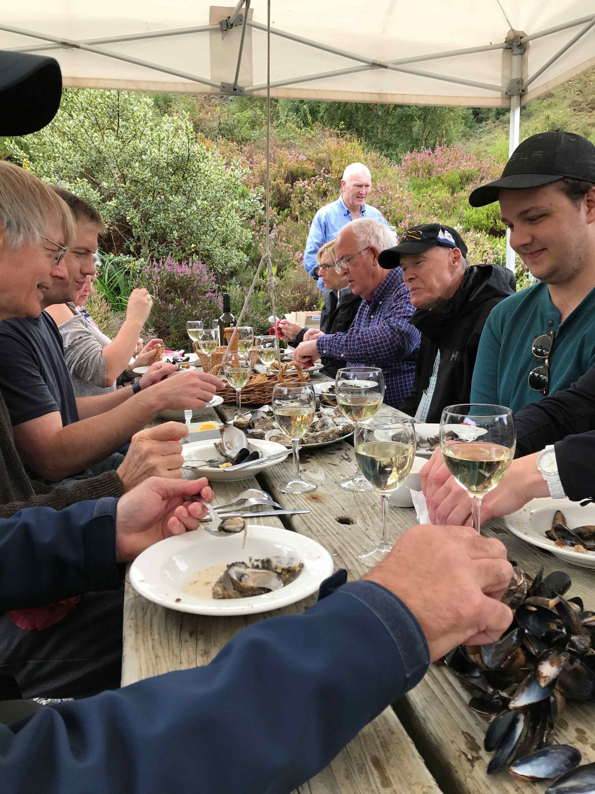 A group of people are sitting at a table eating food and drinking wine.