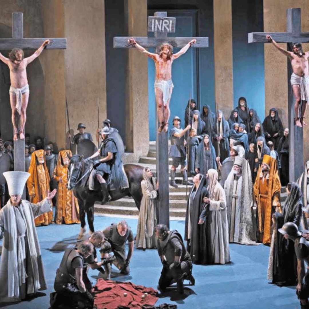 Crucifixion scene: Jesus on cross, flanked by two others, with crowd of figures and horse in a large, outdoor setting.