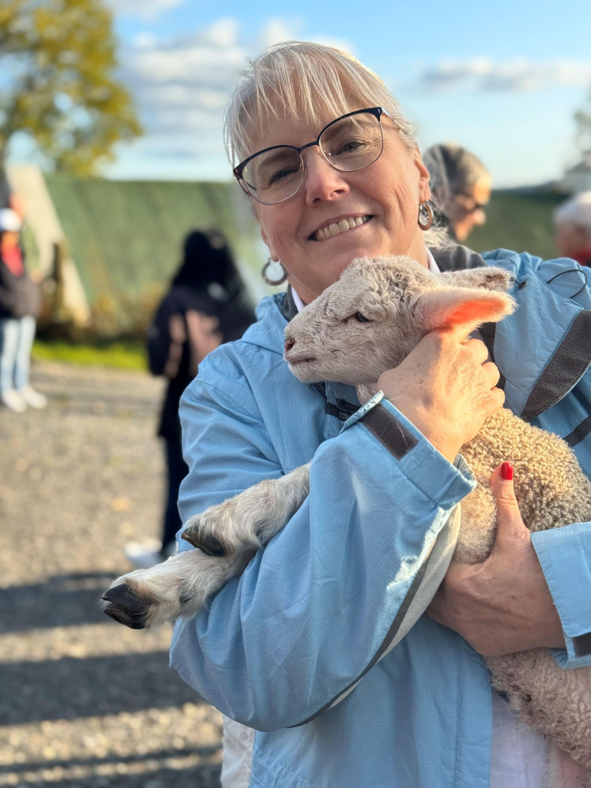 A woman is holding a baby sheep in her arms.