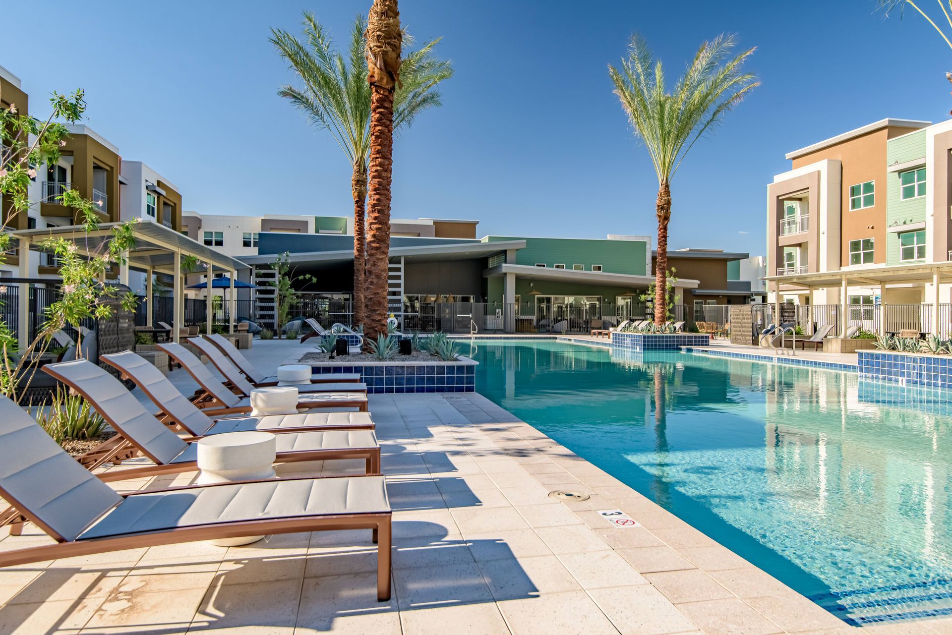 A large swimming pool surrounded by chairs and palm trees at Origin, which offers luxury apartments in Goodyear, AZ.