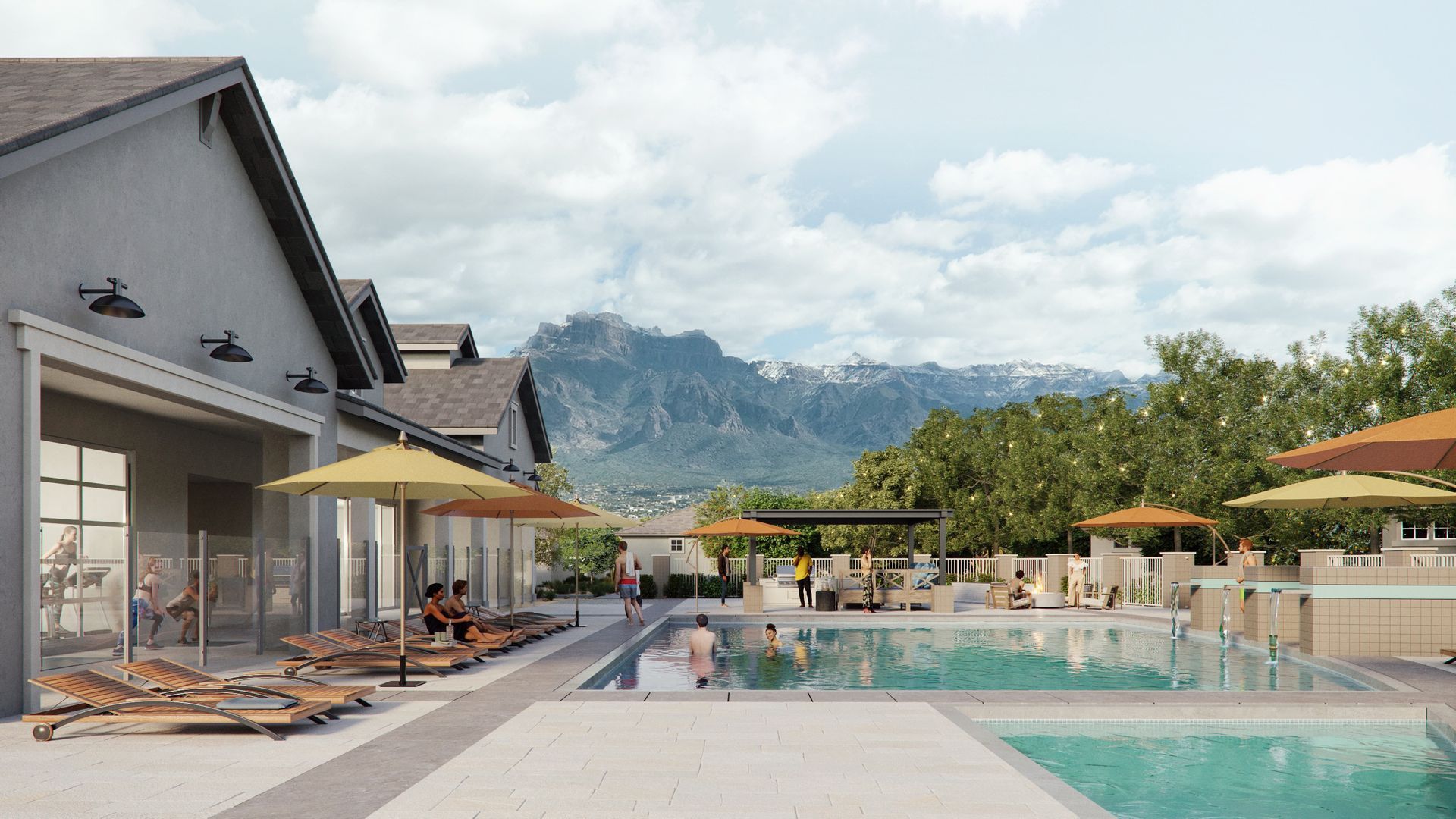 An artist's impression of a swimming pool with mountains in the background.