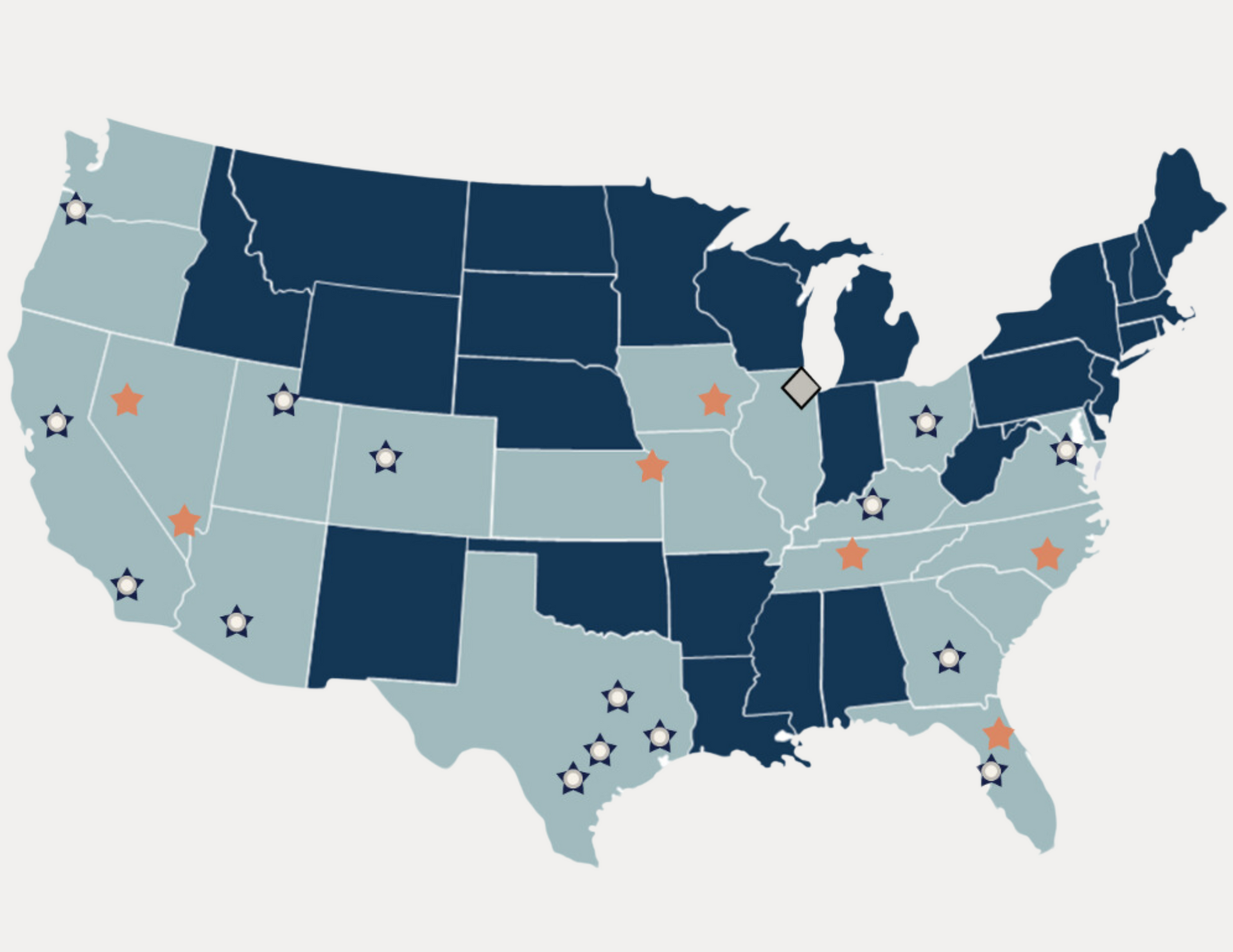 A map of the united states with states in blue and orange.