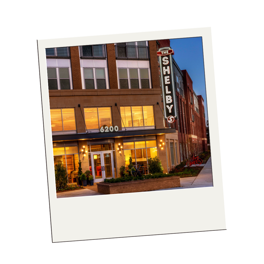 A polaroid of a building with a sign that says Shelby's.