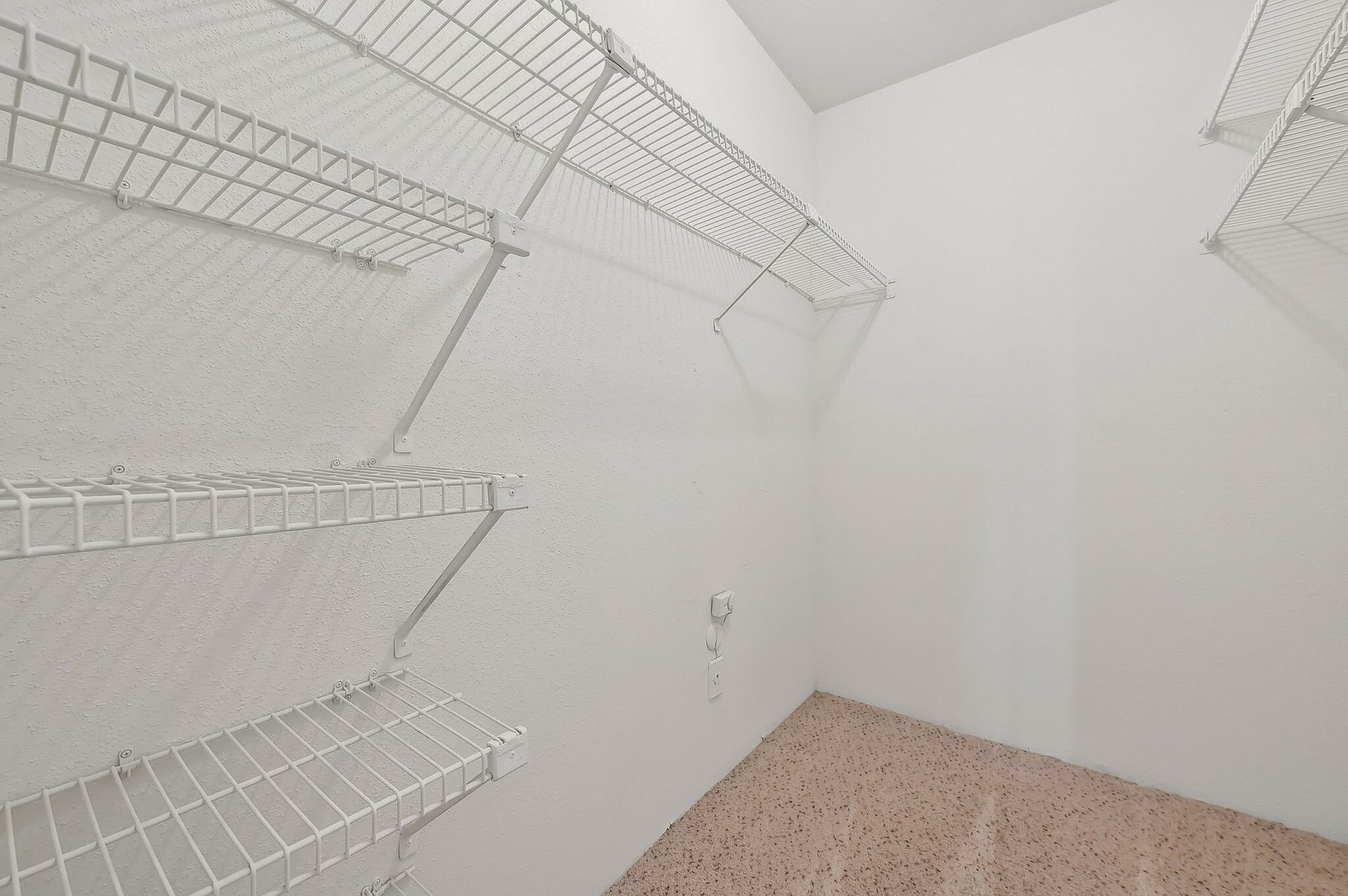 Empty walk-in closet with white wire shelves and beige carpet.