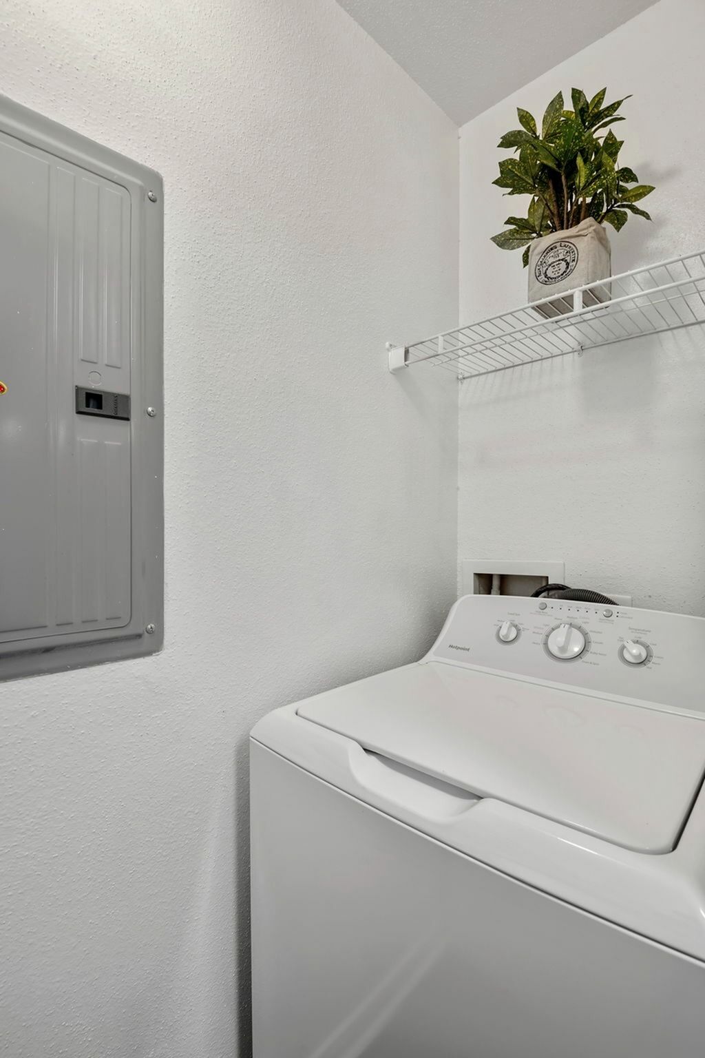 Small laundry area with a white top-loading washer, utility panel, and a shelf with a potted plant.