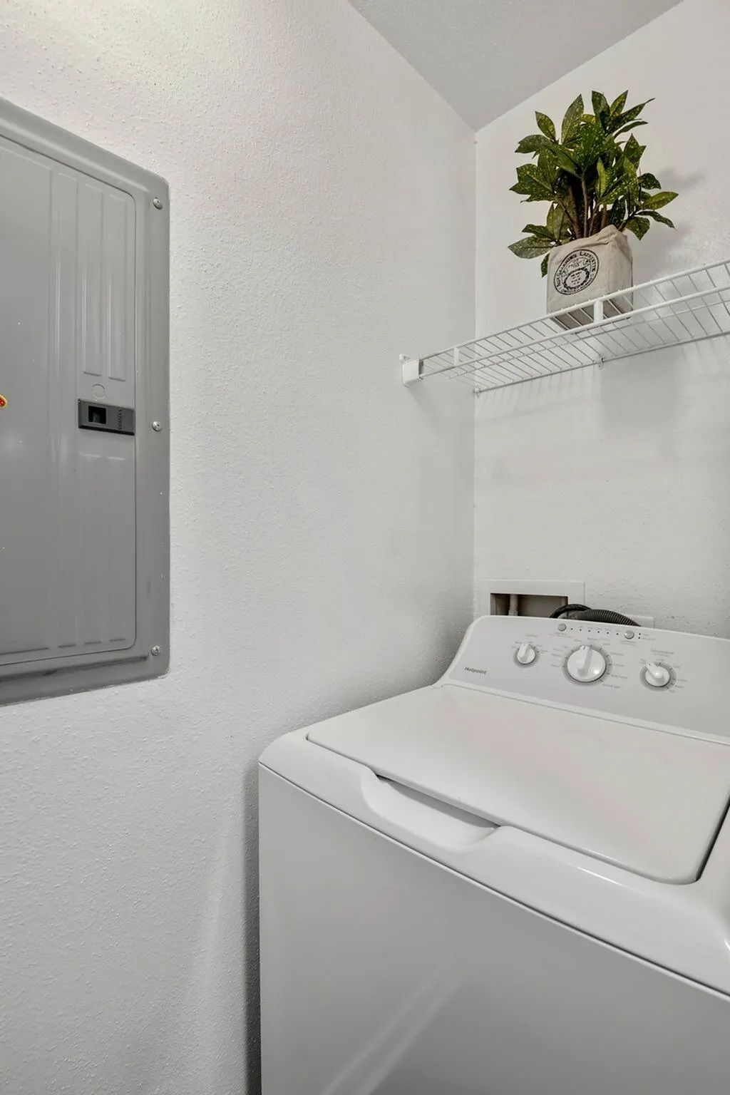 A white washing machine sits in a laundry room next to an electrical panel. A shelf above holds a plant at Driscoll Place in Houston, TX.