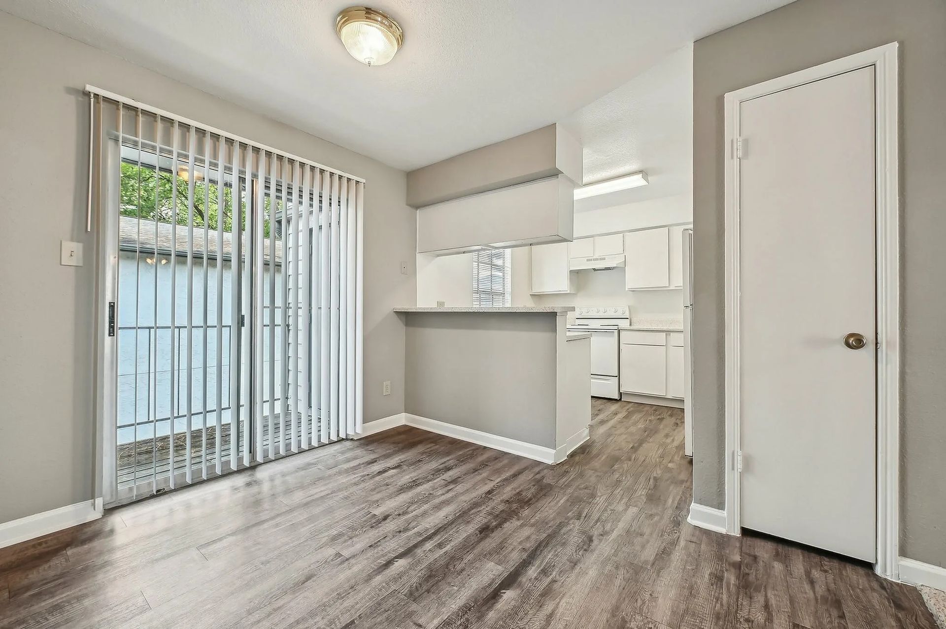 Dining area with gray walls, wood-look floor, sliding glass door, white kitchen visible, and white door at Driscoll Place in Houston, TX.
