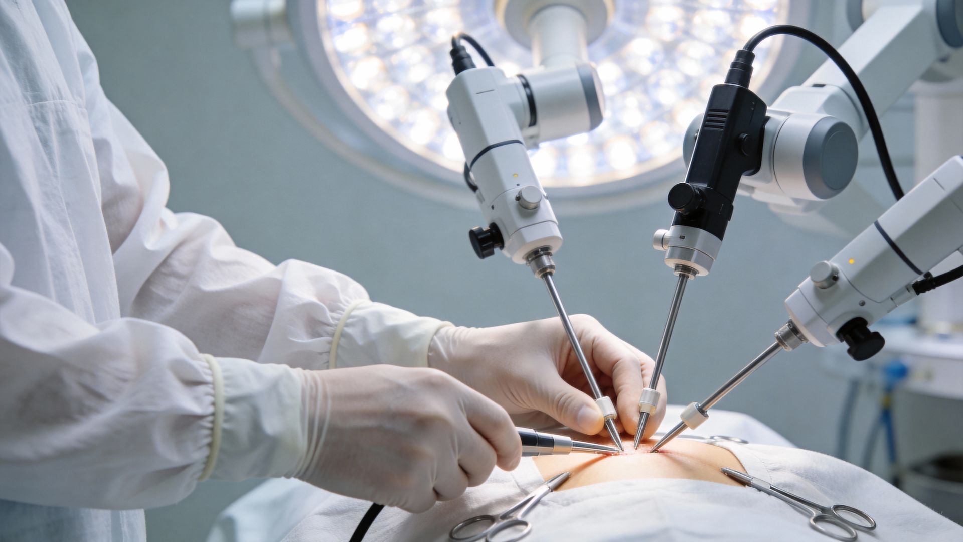 Cirurgião operando com braços robóticos; ambiente cirúrgico estéril com iluminação superior.