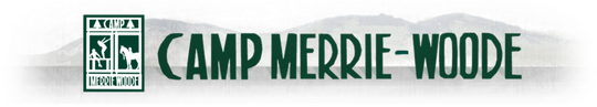 Logo for Camp Merrie-Woode featuring green text with an icon of mountains and stylized trees against a faint backdrop.