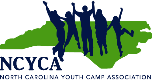 Logo for North Carolina Youth Camp Association: silhouette of five people jumping in front of a green map of North Carolina.