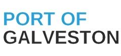 The logo for port of galveston is blue and black.