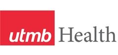 A red and white logo for utmb health.