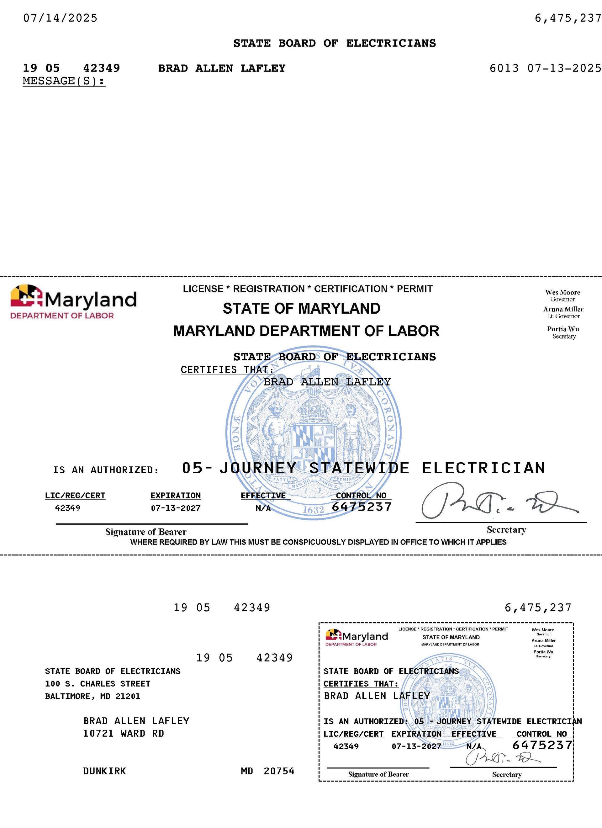 Maryland State Electrical License