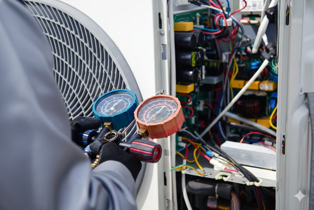 HVAC technician using gauges to inspect air conditioning unit components.