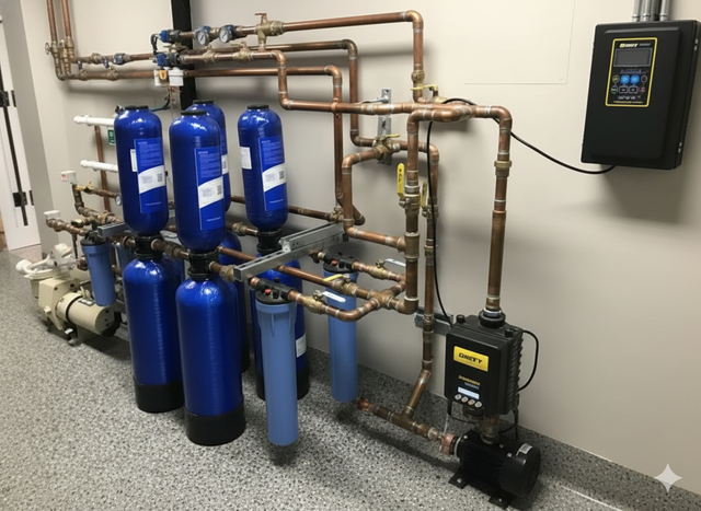 Blue and copper water filtration system in a utility room.