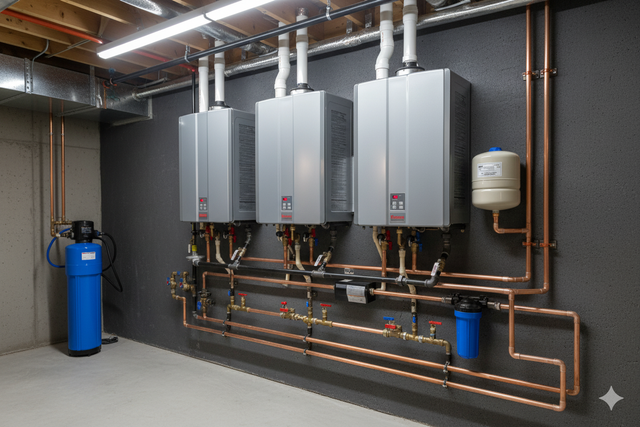 Three gray wall-mounted water heaters with copper pipes, a blue water softener, and a blue filter in a utility room.