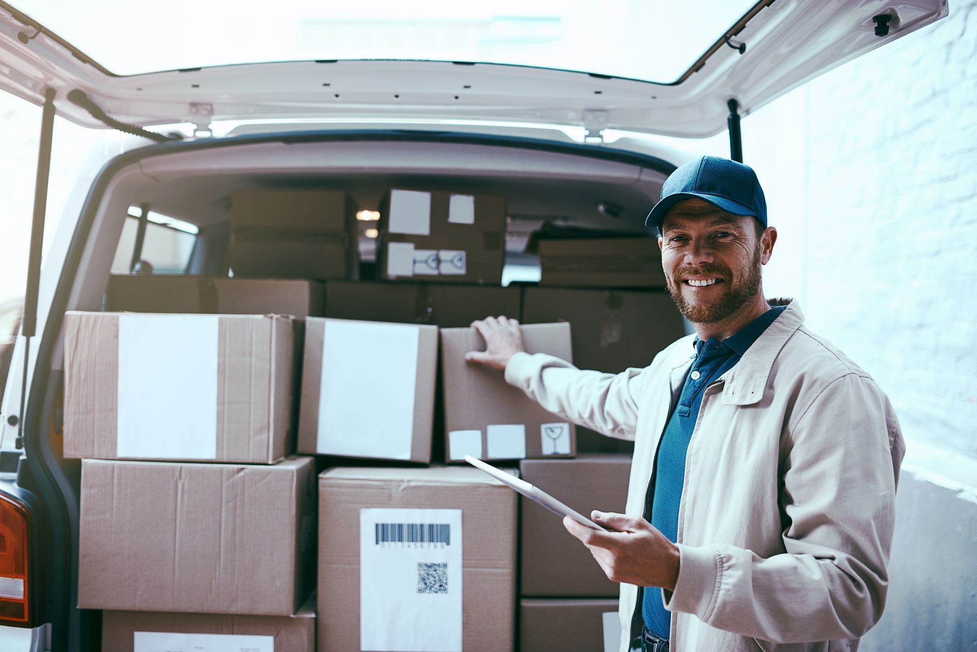amazon delivery driver loading package into van 