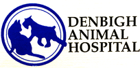 The logo for denbigh animal hospital shows a cat and a dog in a circle.