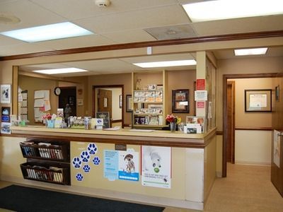 A reception desk in a veterinary clinic with a few posters on it