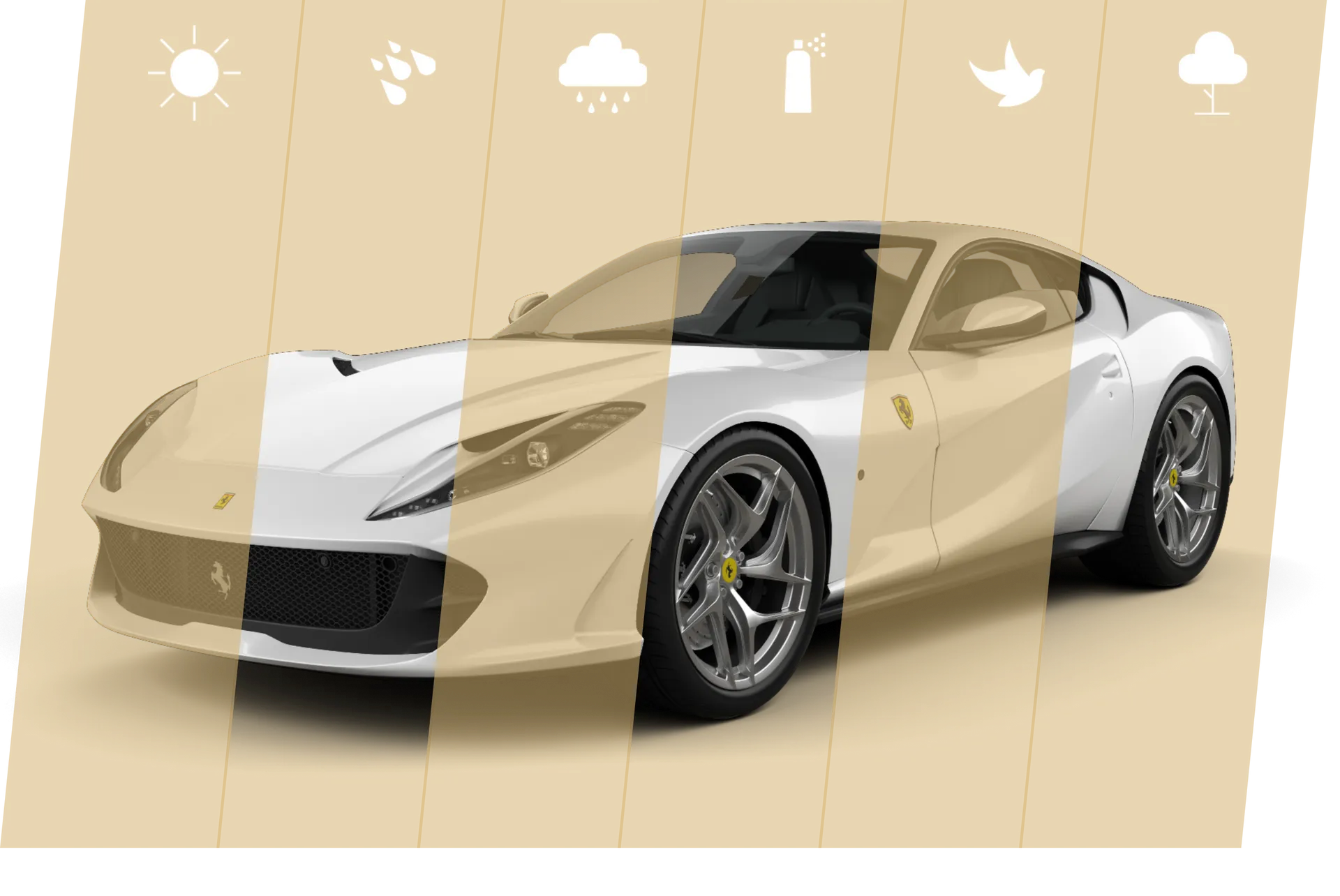 A gold and white ferrari on a white background.