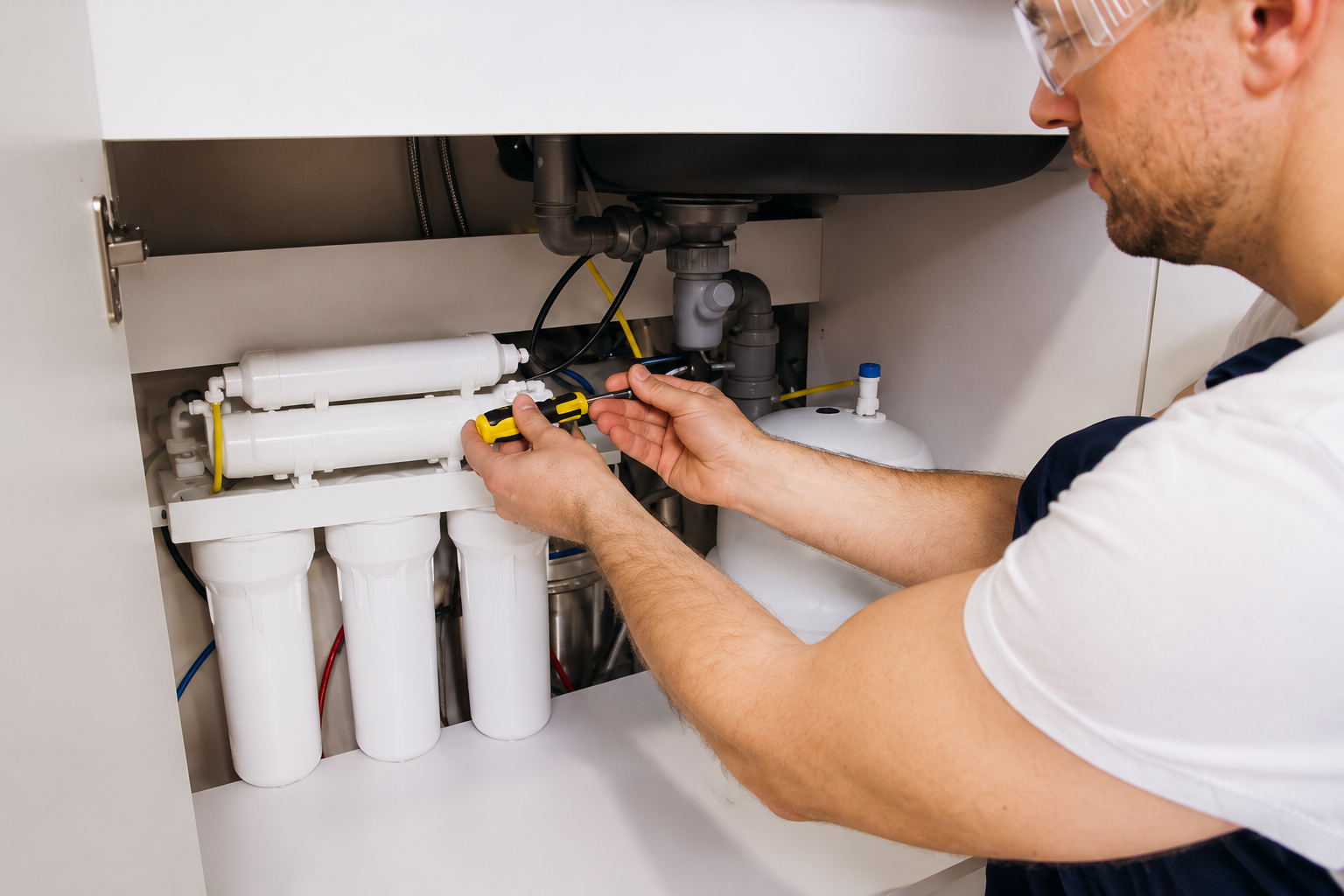 Technician installing under-sink reverse osmosis water filtration system with tools in cabinet sink.
