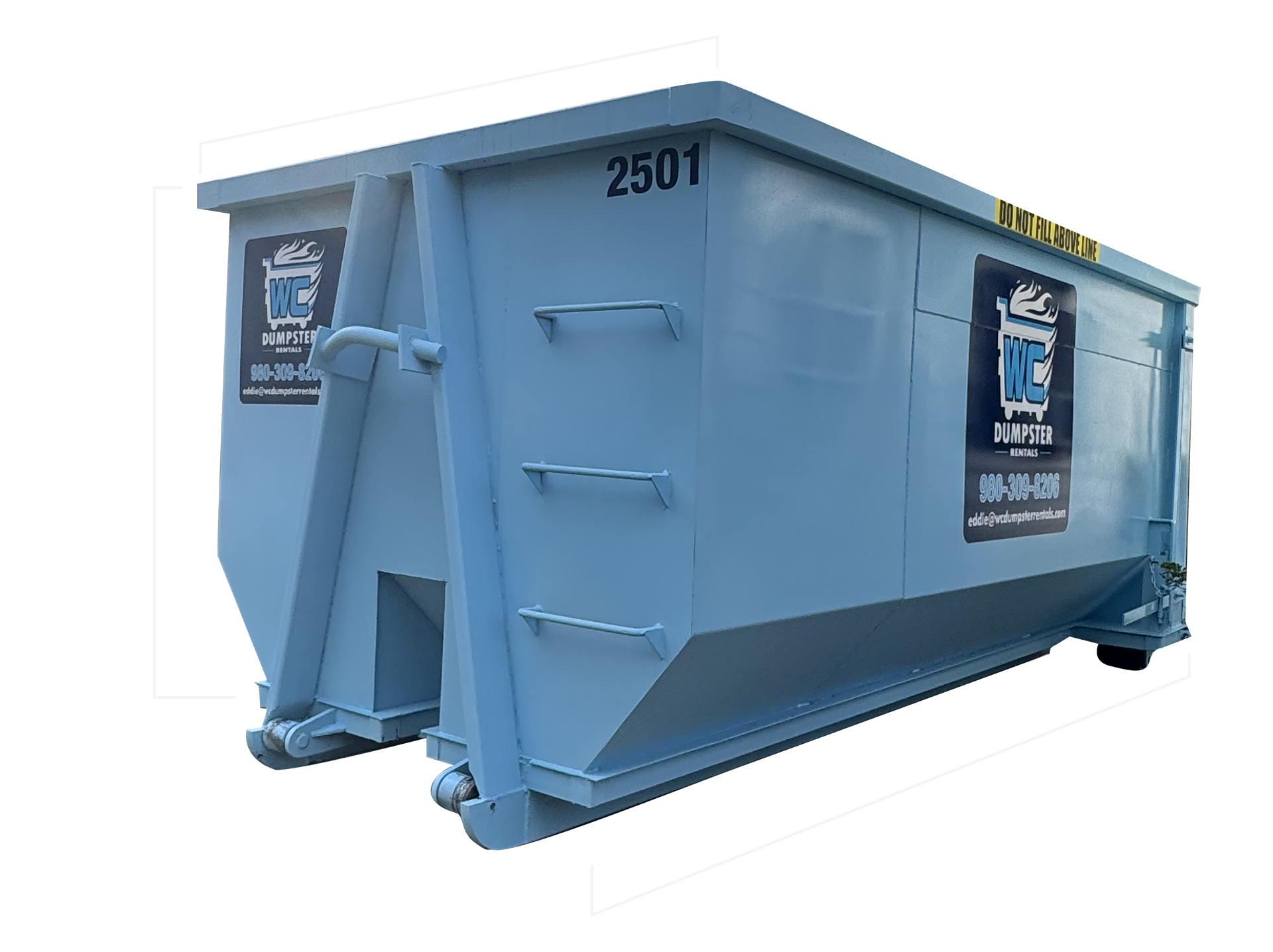 Light blue WC Dumpster Rentals container with labeled dimensions