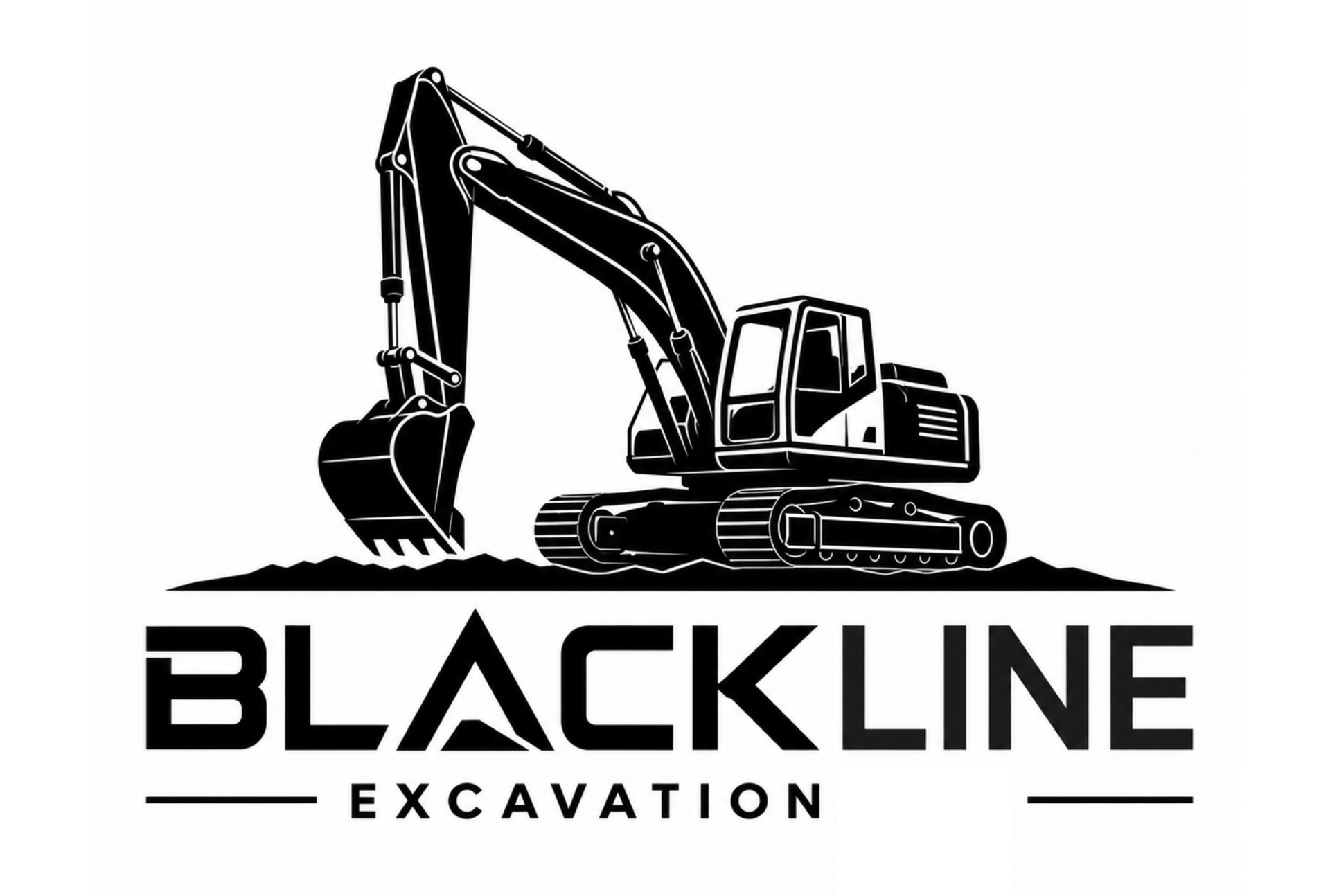 BlackLine Excavation logo with black excavator illustration and bold text on white background