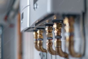 Close-up of a wall-mounted boiler with several connected copper pipes.